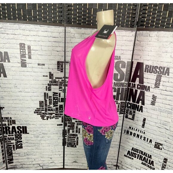 Spyder L Pink Mesh Crew Neck Open Keyhole Back Waist Length Muscle Tank Top - Picture 4 of 6